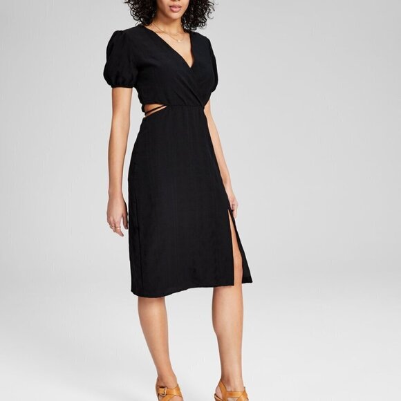 And Now This Women's Size Extra Small Black Puff-Sleeve Cutout Midi Dress NWT - Picture 1 of 4
